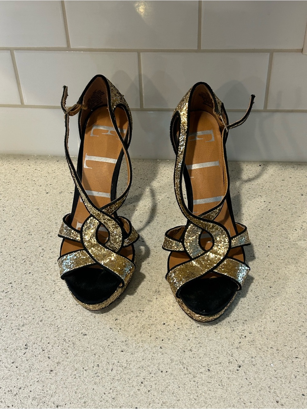 Women's Elle Gold Sequin Strappy High Heel Sandals, Size 7
